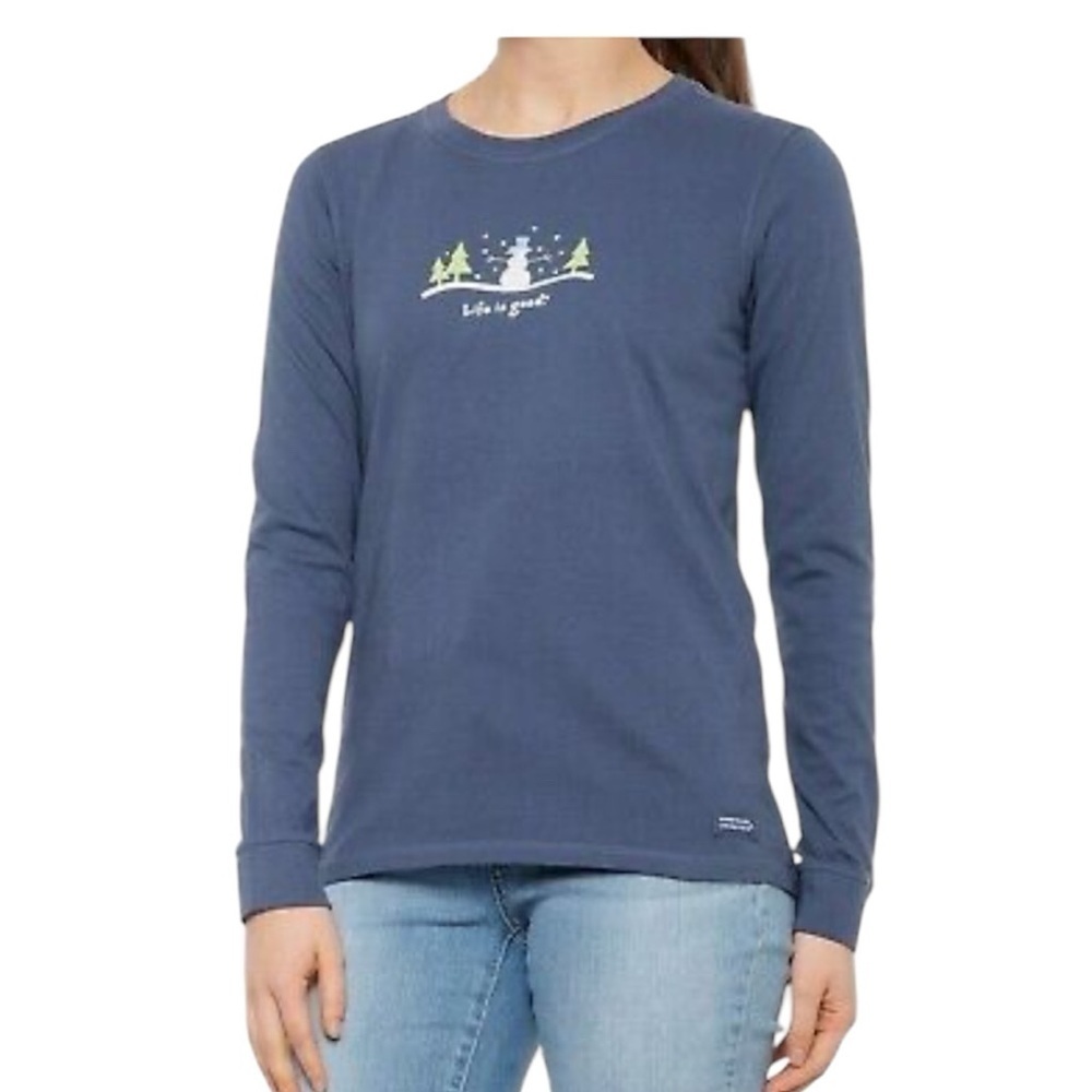 Life is Good Snowman Cotton Casual Long Sleeve Tee Small Blue